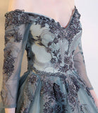 Blue lace long A line prom dress evening dress HZ1023