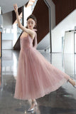 Pink A line prom dress pink tulle evening dress HZ1023