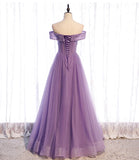 Purple tulle beads long A line prom dress evening dress HZ1023