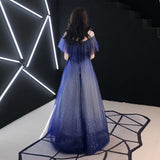 Blue tulle sequins long prom dress HZ1023