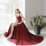 Burgundy satin long prom dress HZ1023
