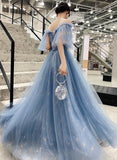 Blue tulle sequins long prom dress evening dress HZ1023