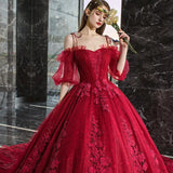 Burgundy lace long A line ball gown dress formal dress HZ1023