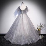 Gray tulle sequins long prom dress A line evening gown HZ1023