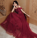 Burgundy lace beads long prom dress evening dress HZ1023