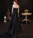 Black satin long A line prom dress black evening dress HZ1023