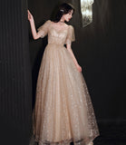 Champagne tulle long A line prom dress evening dress HZ1023