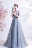 Gray tulle long A line prom dress gray evening dress HZ1023