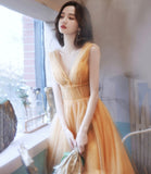 Yellow v neck tulle short prom dress homecoming dress HZ1023
