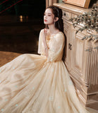 Champagne tulle lace long prom gown evening gown HZ1023