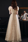 Gold tulle beads long A line prom dress evening dress HZ1023