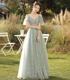 Green tulle long A line prom dress bridesmaid dress HZ1023
