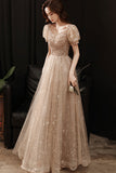 Gold tulle beads long A line prom dress evening dress HZ1023