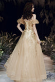 Gold tulle sequins long prom dress A line evening dress HZ1023
