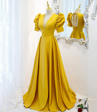 Yellow satin long A line prom dress evening dress HZ1023