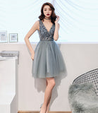 Gray tulle beads short prom dress fashion dress HZ1023
