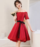 Red satin lace short prom dress red homecoming dress HZ1023