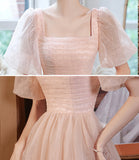 Pink tulle long A line prom dress pink evening gown HZ1023