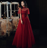 Burgundy tulle sequins long ball gown dress evening gown HZ1023