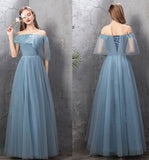 Blue tulle long prom dress A line evening dress HZ1023