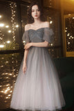 Gray tulle short A line prom dress homecoming dress HZ1023