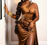 Brown fashion elegant sexy one shoulder long beaded slit mermaid ball gown evening dress party dress with ruffles HZ1023