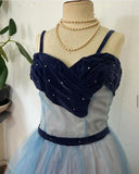 Blue cute sweet delicate beaded spaghetti straps long tulle prom dress evening dress party dress homecoming dress HZ1023
