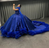 Blue gorgeous exquisite beading long elegant tulle ball gown evening dress HZ1023