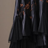 Black Delicate Embroidery Floral Applique Long Spaghetti Straps Elegant Ruffle Satin Ball Gown Evening Dress Party Dress HZ1023