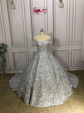 Silver Gorgeous Shiny Off-shoulder Sequin Long Princess Floor-length Ball Gown Evening Dress Wedding Dress HZ1023