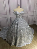 Silver Gorgeous Shiny Off-shoulder Sequin Long Princess Floor-length Ball Gown Evening Dress Wedding Dress HZ1023