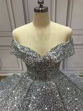 Silver Gorgeous Shiny Off-shoulder Sequin Long Princess Floor-length Ball Gown Evening Dress Wedding Dress HZ1023