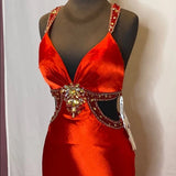 Red gorgeous shiny fashion exquisite beaded backless long elegant satin floor-length train prom dress evening dress HZ1023