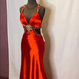 Red gorgeous shiny fashion exquisite beaded backless long elegant satin floor-length train prom dress evening dress HZ1023