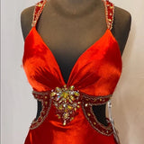 Red gorgeous shiny fashion exquisite beaded backless long elegant satin floor-length train prom dress evening dress HZ1023