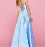 Blue fashion elegant exquisite pearl beading long satin ball gown evening dress HZ1023