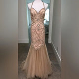 Champagne Pink/Gold Gorgeous Exquisite Beaded Strapless Elegant Long Fishtail Mermaid Slim Fit Ball Gown Evening Gown Party Dress HZ1023