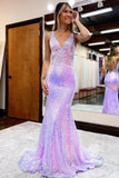 Lavender fashion V-neck shiny sequins long prom dress evening gown HZ1023
