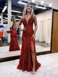Blue/red fashion shiny v neck sleeveless floor length elegant sexy slit prom dress evening gown party dress HZ1023