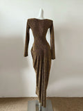 Brown Shiny Sexy Fashion Elegant Long Sleeve Long Sequin Exquisite Beaded Ball Gown Evening Gown Party Dress Prom Gown HZ1023