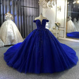 Blue Off Shoulder Lace Applique A-Line Long Ball Gown Evening Gown Bridal Gown Wedding Dress HZ1023