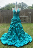 Green Gorgeous Vintage Strap Long Elegant Satin Pleated Ball Gown Evening Dress HZ1023