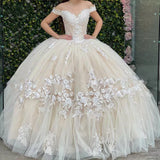 Champagne gorgeous exquisite lace applique off-shoulder long quinceanera dress 15 years old prom dress debutante dress prom dress HZ1023