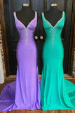 Rose Red V-neck Beading Mermaid Prom Dress with Side Slit HZ1023
