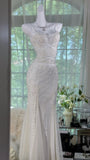 Moon white retro elegant vintage solid color spaghetti straps see-through sexy long exquisite beaded chiffon prom dress evening dress birthday party dress prom dress HZ1023