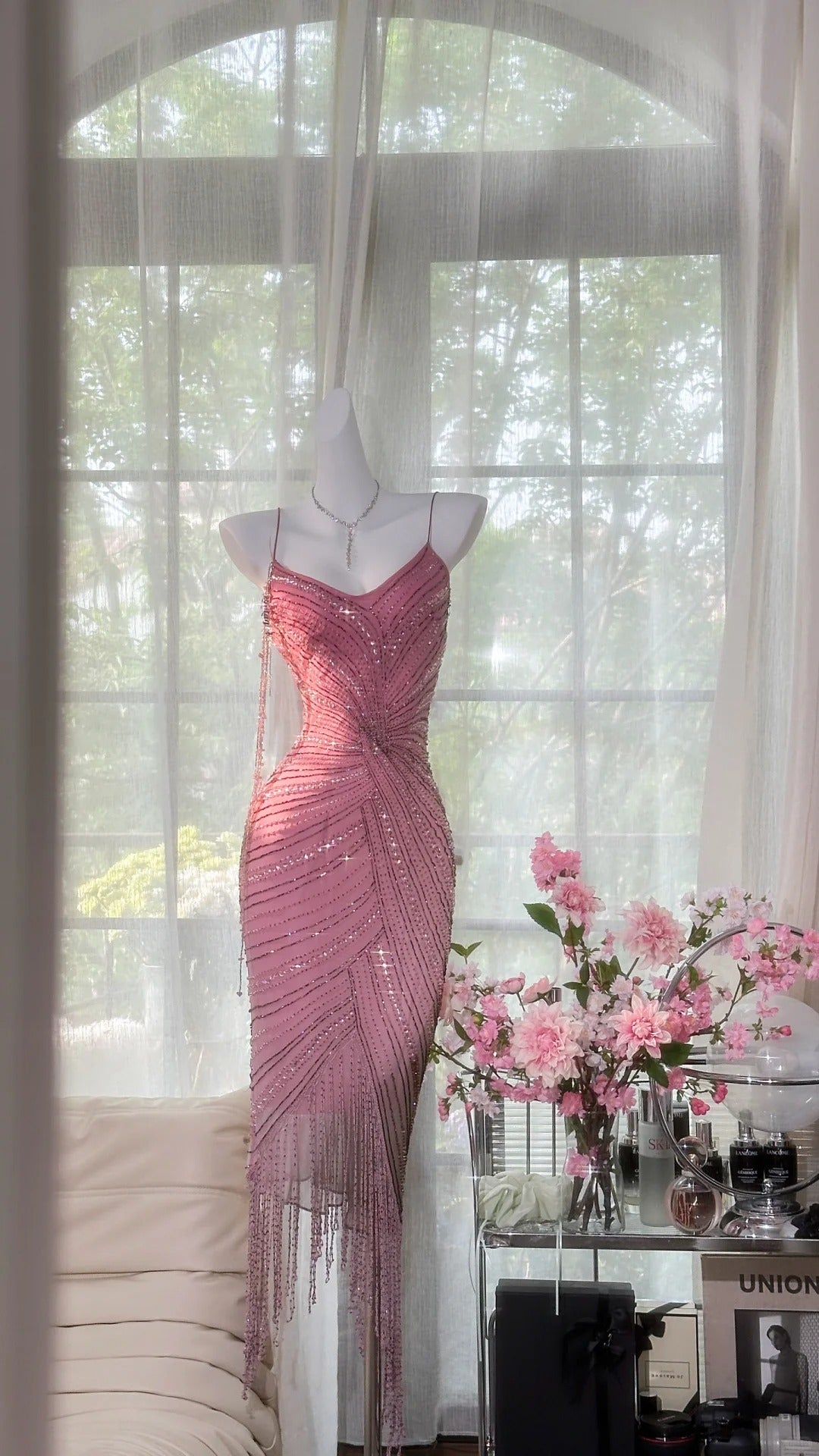 Pink Elegant Gorgeous Exquisite Beaded Tassel Midi/Short Tulle Chiffon Homecoming Dress Cocktail Party Dress Ball Dress Evening Dress Birthday Party Dress Prom Dress HZ1023