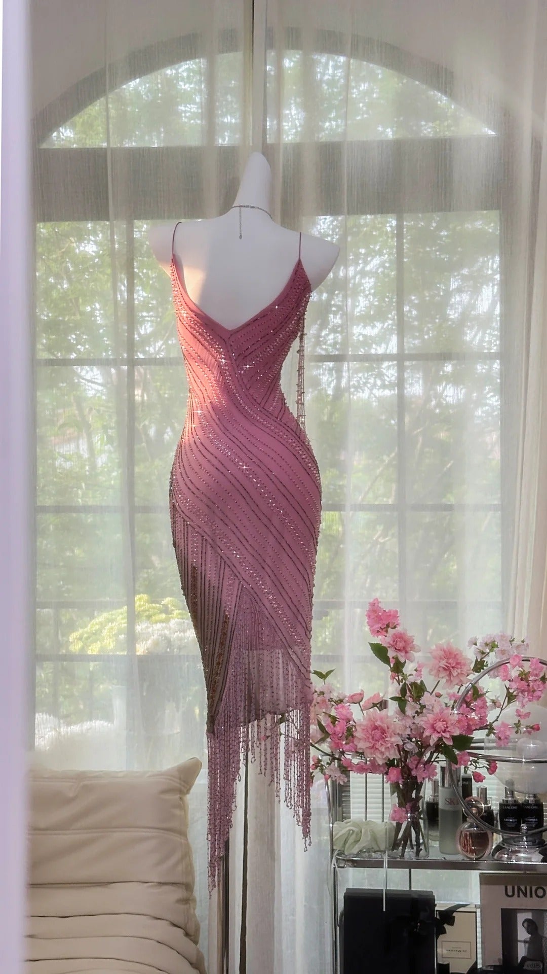 Pink Elegant Gorgeous Exquisite Beaded Tassel Midi/Short Tulle Chiffon Homecoming Dress Cocktail Party Dress Ball Dress Evening Dress Birthday Party Dress Prom Dress HZ1023